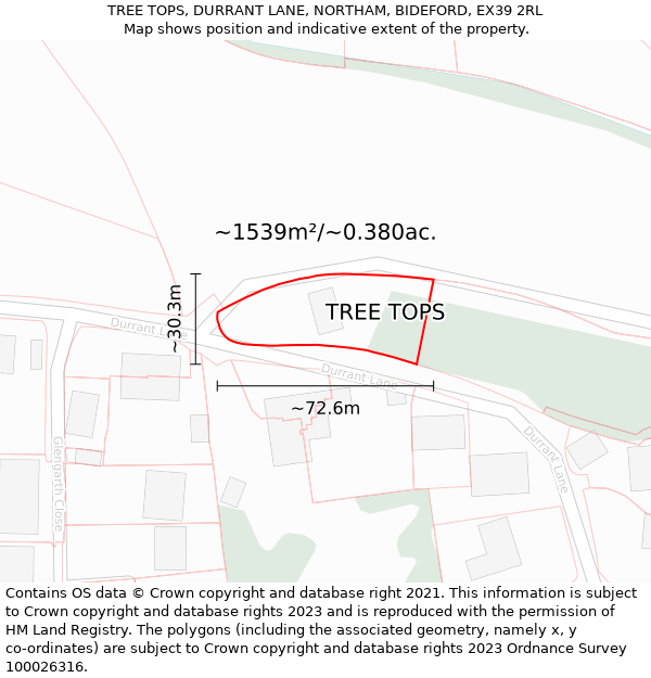 TREE TOPS, DURRANT LANE, NORTHAM, BIDEFORD, EX39 2RL: Plot and title map