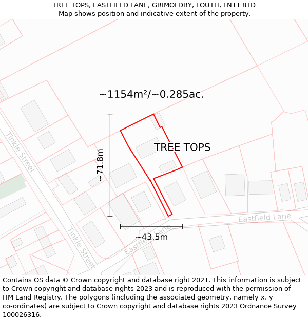 TREE TOPS, EASTFIELD LANE, GRIMOLDBY, LOUTH, LN11 8TD: Plot and title map