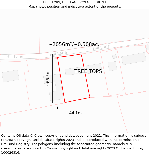 TREE TOPS, HILL LANE, COLNE, BB8 7EF: Plot and title map