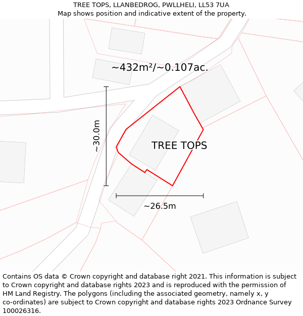 TREE TOPS, LLANBEDROG, PWLLHELI, LL53 7UA: Plot and title map