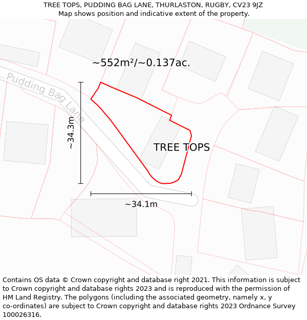 TREE TOPS, PUDDING BAG LANE, THURLASTON, RUGBY, CV23 9JZ: Plot and title map