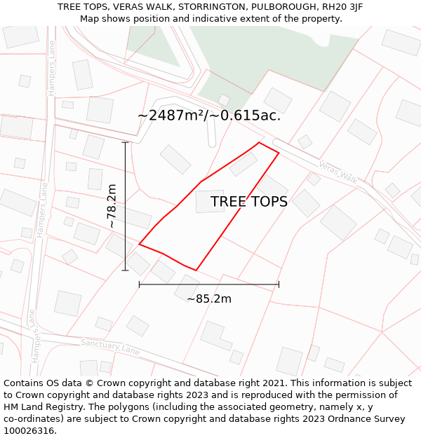 TREE TOPS, VERAS WALK, STORRINGTON, PULBOROUGH, RH20 3JF: Plot and title map