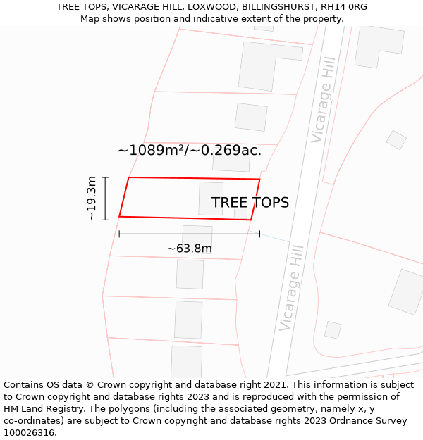 TREE TOPS, VICARAGE HILL, LOXWOOD, BILLINGSHURST, RH14 0RG: Plot and title map