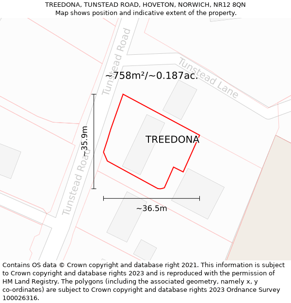 TREEDONA, TUNSTEAD ROAD, HOVETON, NORWICH, NR12 8QN: Plot and title map