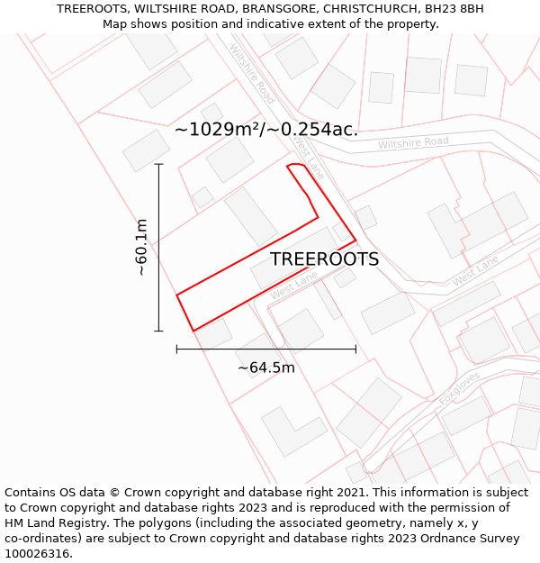 TREEROOTS, WILTSHIRE ROAD, BRANSGORE, CHRISTCHURCH, BH23 8BH: Plot and title map