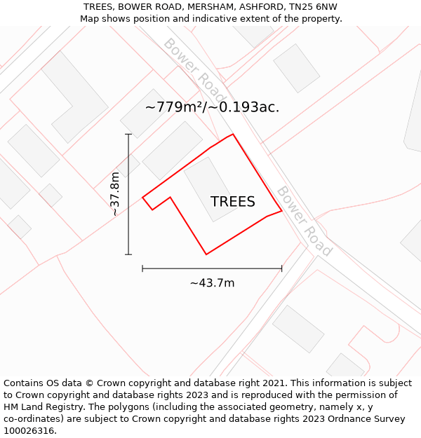 TREES, BOWER ROAD, MERSHAM, ASHFORD, TN25 6NW: Plot and title map