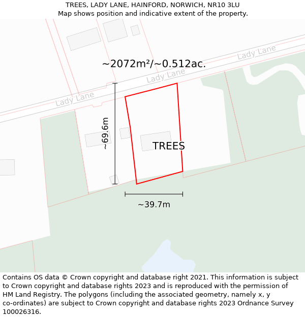 TREES, LADY LANE, HAINFORD, NORWICH, NR10 3LU: Plot and title map