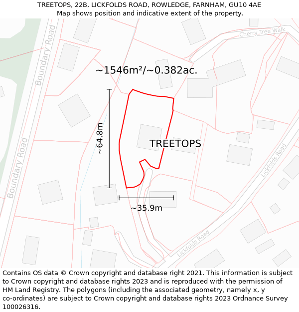 TREETOPS, 22B, LICKFOLDS ROAD, ROWLEDGE, FARNHAM, GU10 4AE: Plot and title map