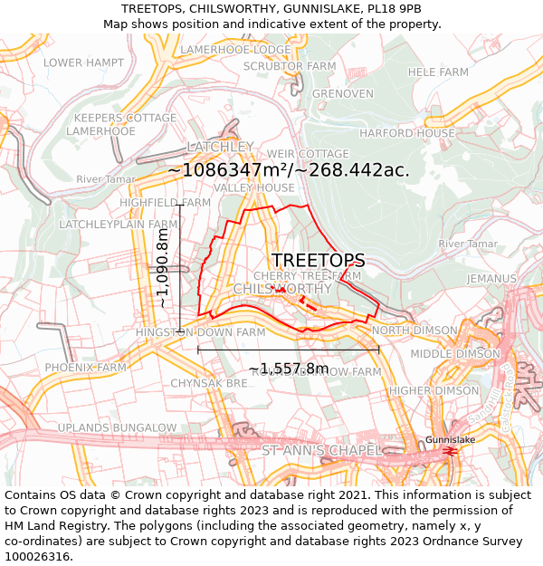 TREETOPS, CHILSWORTHY, GUNNISLAKE, PL18 9PB: Plot and title map