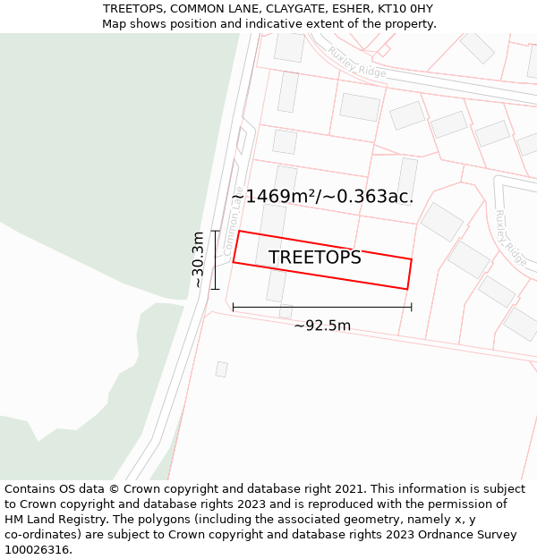 TREETOPS, COMMON LANE, CLAYGATE, ESHER, KT10 0HY: Plot and title map