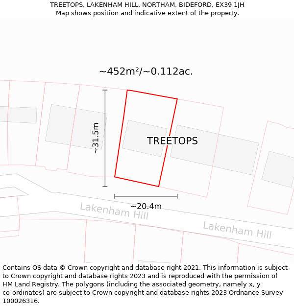 TREETOPS, LAKENHAM HILL, NORTHAM, BIDEFORD, EX39 1JH: Plot and title map