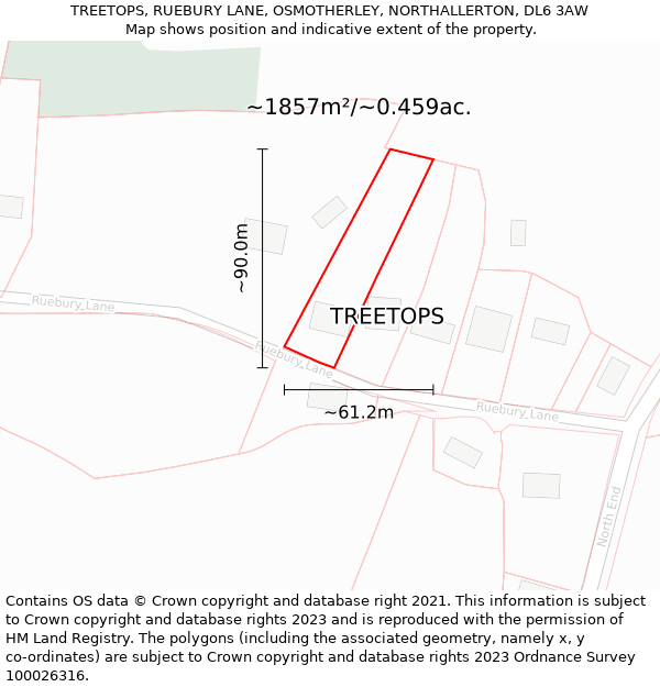 TREETOPS, RUEBURY LANE, OSMOTHERLEY, NORTHALLERTON, DL6 3AW: Plot and title map