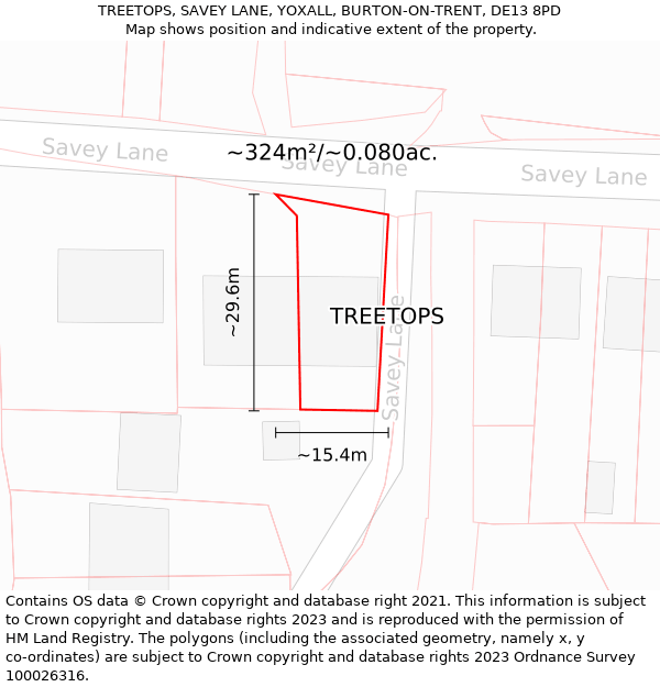 TREETOPS, SAVEY LANE, YOXALL, BURTON-ON-TRENT, DE13 8PD: Plot and title map