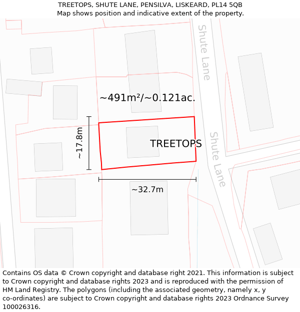 TREETOPS, SHUTE LANE, PENSILVA, LISKEARD, PL14 5QB: Plot and title map