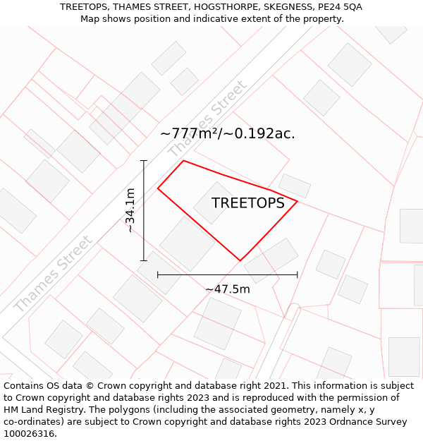 TREETOPS, THAMES STREET, HOGSTHORPE, SKEGNESS, PE24 5QA: Plot and title map