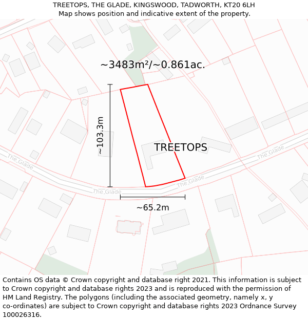 TREETOPS, THE GLADE, KINGSWOOD, TADWORTH, KT20 6LH: Plot and title map