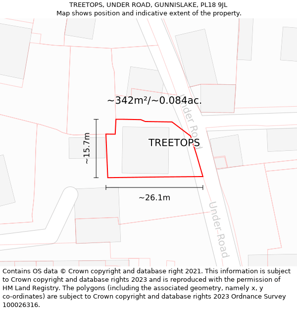 TREETOPS, UNDER ROAD, GUNNISLAKE, PL18 9JL: Plot and title map