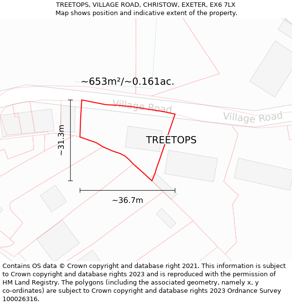 TREETOPS, VILLAGE ROAD, CHRISTOW, EXETER, EX6 7LX: Plot and title map