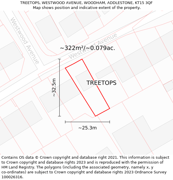 TREETOPS, WESTWOOD AVENUE, WOODHAM, ADDLESTONE, KT15 3QF: Plot and title map