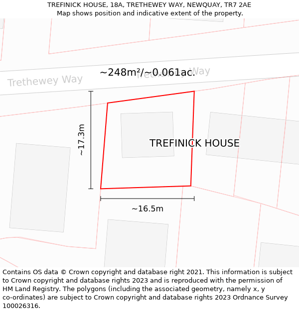 TREFINICK HOUSE, 18A, TRETHEWEY WAY, NEWQUAY, TR7 2AE: Plot and title map