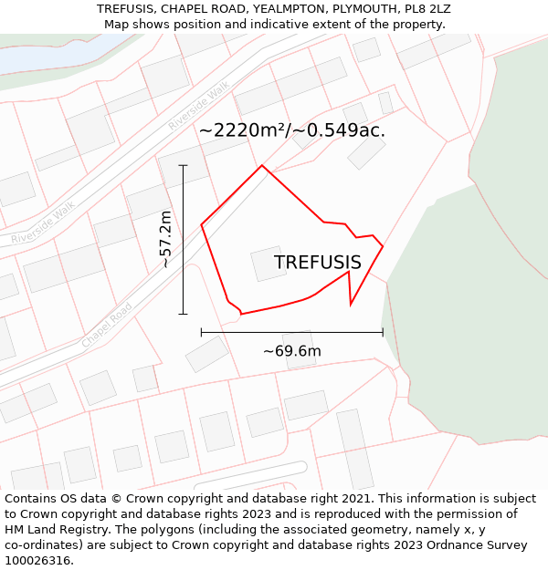 TREFUSIS, CHAPEL ROAD, YEALMPTON, PLYMOUTH, PL8 2LZ: Plot and title map