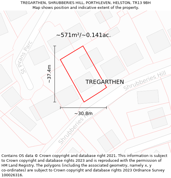 TREGARTHEN, SHRUBBERIES HILL, PORTHLEVEN, HELSTON, TR13 9BH: Plot and title map