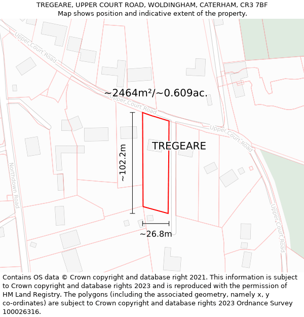 TREGEARE, UPPER COURT ROAD, WOLDINGHAM, CATERHAM, CR3 7BF: Plot and title map