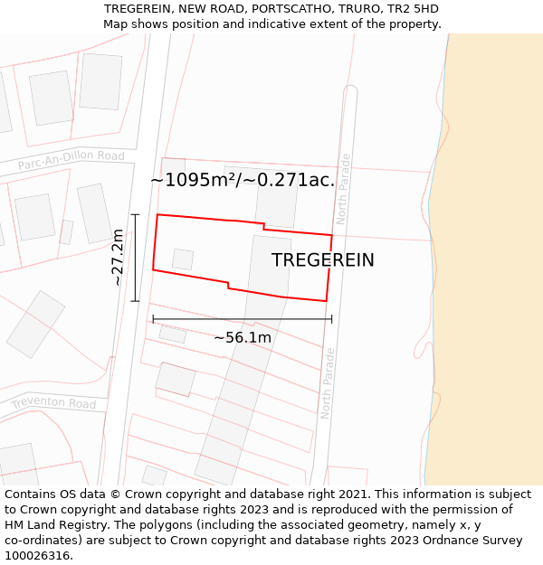 TREGEREIN, NEW ROAD, PORTSCATHO, TRURO, TR2 5HD: Plot and title map