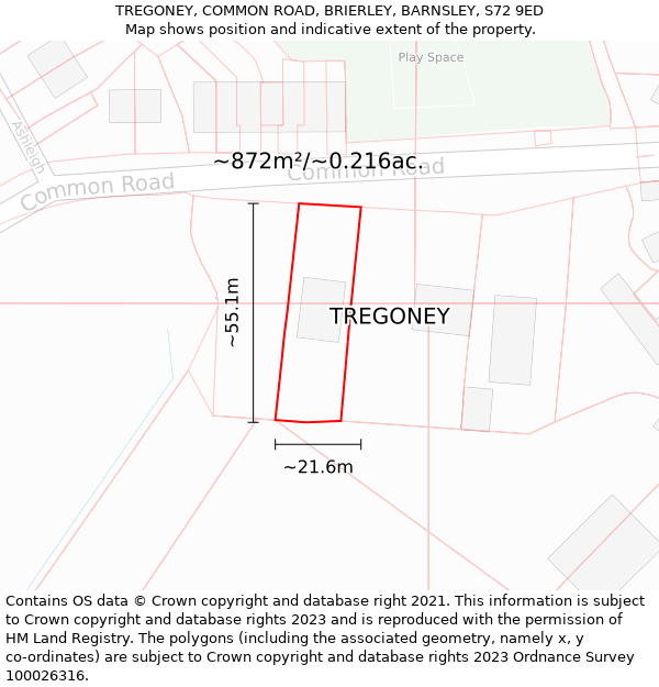 TREGONEY, COMMON ROAD, BRIERLEY, BARNSLEY, S72 9ED: Plot and title map