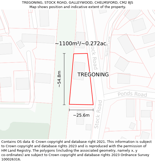 TREGONING, STOCK ROAD, GALLEYWOOD, CHELMSFORD, CM2 8JS: Plot and title map