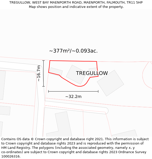 TREGULLOW, WEST BAY MAENPORTH ROAD, MAENPORTH, FALMOUTH, TR11 5HP: Plot and title map