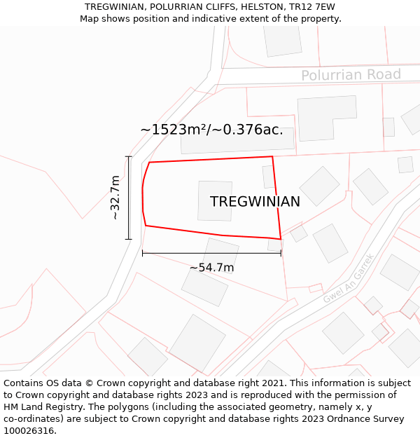 TREGWINIAN, POLURRIAN CLIFFS, HELSTON, TR12 7EW: Plot and title map