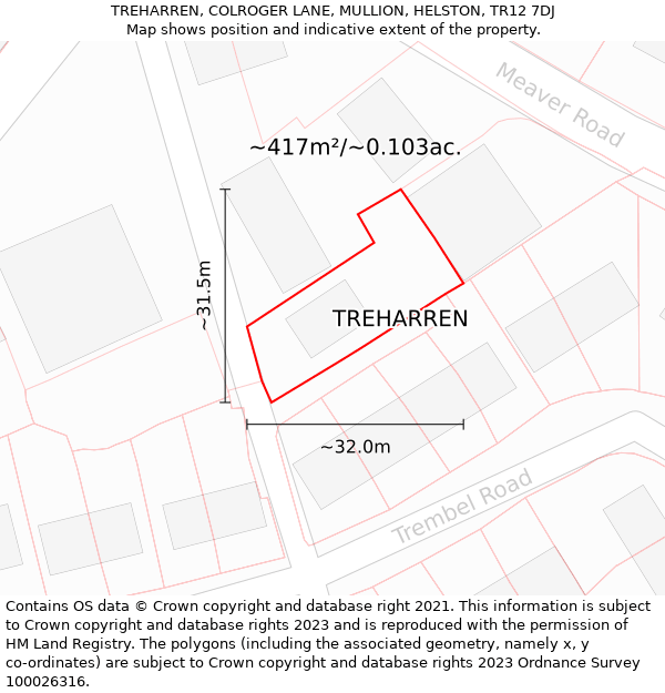 TREHARREN, COLROGER LANE, MULLION, HELSTON, TR12 7DJ: Plot and title map