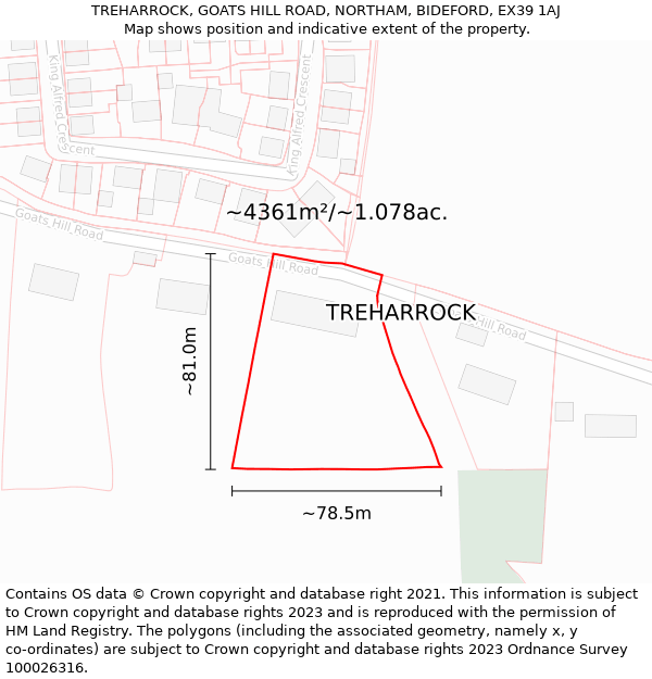 TREHARROCK, GOATS HILL ROAD, NORTHAM, BIDEFORD, EX39 1AJ: Plot and title map