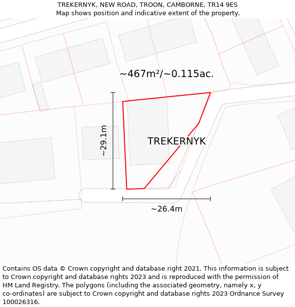 TREKERNYK, NEW ROAD, TROON, CAMBORNE, TR14 9ES: Plot and title map