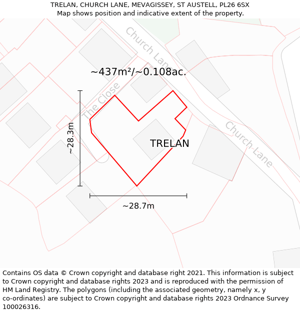 TRELAN, CHURCH LANE, MEVAGISSEY, ST AUSTELL, PL26 6SX: Plot and title map