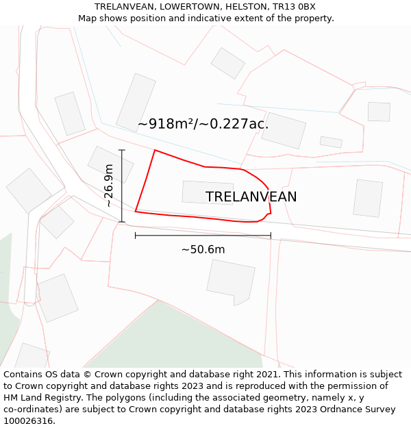 TRELANVEAN, LOWERTOWN, HELSTON, TR13 0BX: Plot and title map