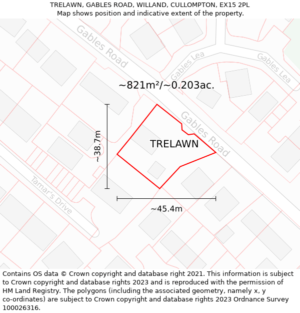 TRELAWN, GABLES ROAD, WILLAND, CULLOMPTON, EX15 2PL: Plot and title map