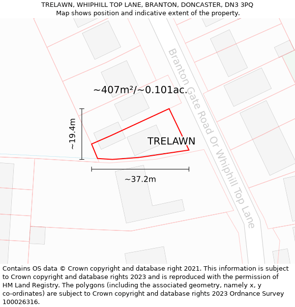 TRELAWN, WHIPHILL TOP LANE, BRANTON, DONCASTER, DN3 3PQ: Plot and title map