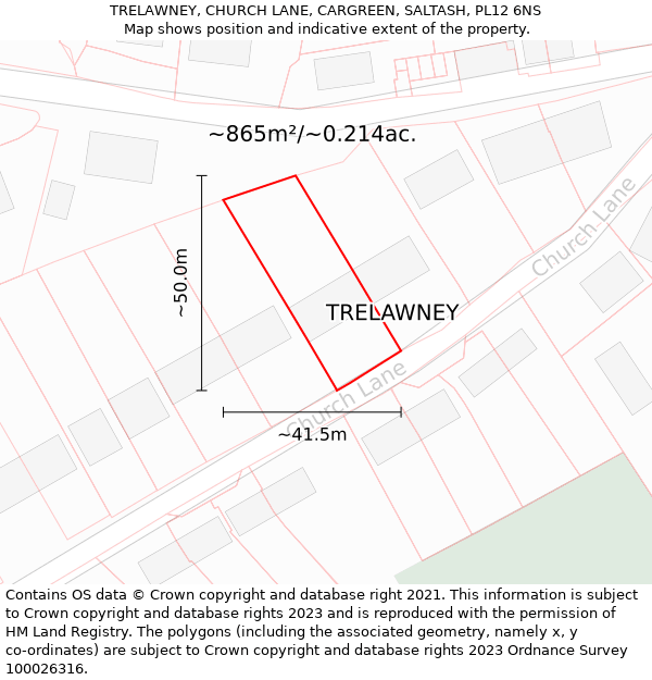 TRELAWNEY, CHURCH LANE, CARGREEN, SALTASH, PL12 6NS: Plot and title map