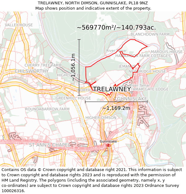 TRELAWNEY, NORTH DIMSON, GUNNISLAKE, PL18 9NZ: Plot and title map