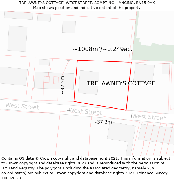 TRELAWNEYS COTTAGE, WEST STREET, SOMPTING, LANCING, BN15 0AX: Plot and title map