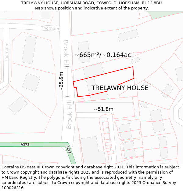 TRELAWNY HOUSE, HORSHAM ROAD, COWFOLD, HORSHAM, RH13 8BU: Plot and title map