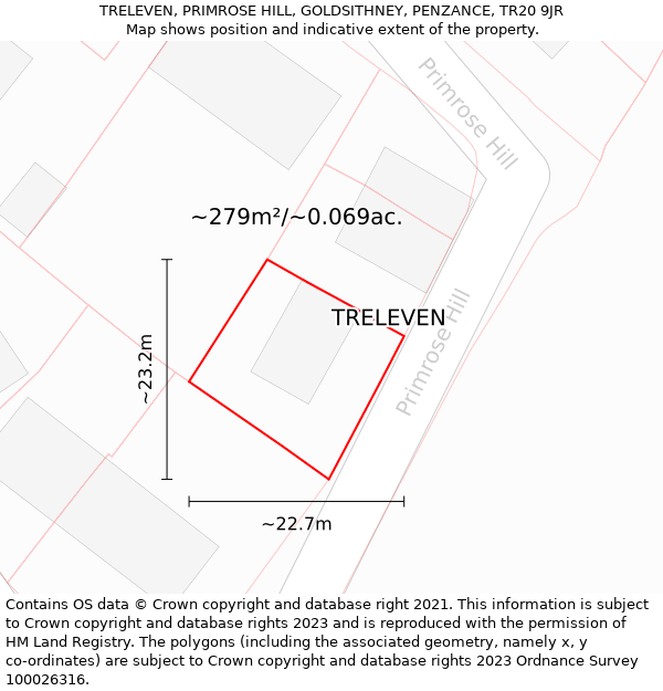 TRELEVEN, PRIMROSE HILL, GOLDSITHNEY, PENZANCE, TR20 9JR: Plot and title map