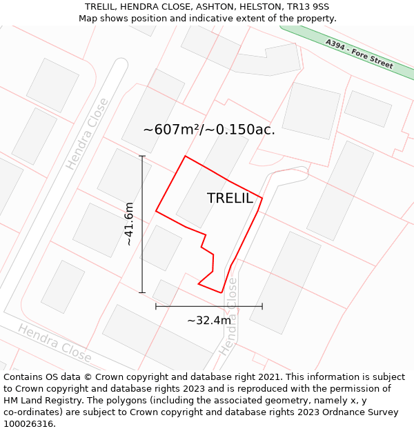 TRELIL, HENDRA CLOSE, ASHTON, HELSTON, TR13 9SS: Plot and title map