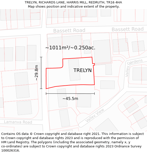 TRELYN, RICHARDS LANE, HARRIS MILL, REDRUTH, TR16 4HA: Plot and title map