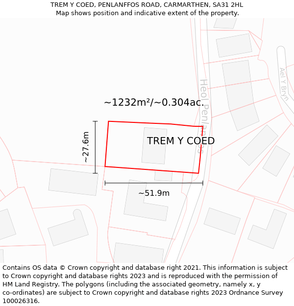 TREM Y COED, PENLANFFOS ROAD, CARMARTHEN, SA31 2HL: Plot and title map