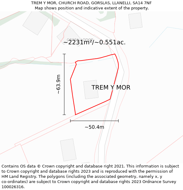 TREM Y MOR, CHURCH ROAD, GORSLAS, LLANELLI, SA14 7NF: Plot and title map