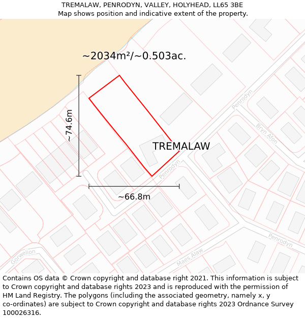 TREMALAW, PENRODYN, VALLEY, HOLYHEAD, LL65 3BE: Plot and title map