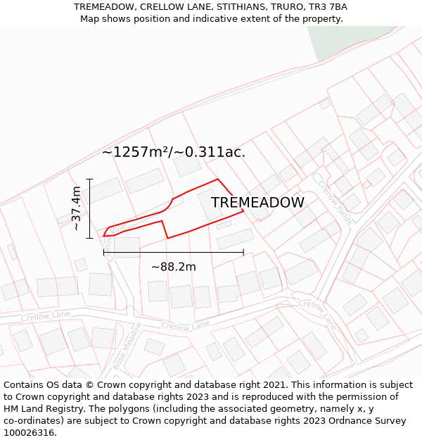 TREMEADOW, CRELLOW LANE, STITHIANS, TRURO, TR3 7BA: Plot and title map